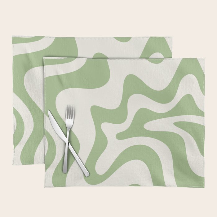 Retro Liquid Swirl Abstract Pattern Square in Light Sage Green and Cream Placemat Gallery Image 1