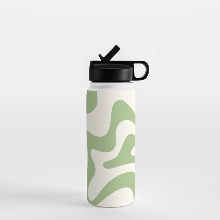 Retro Liquid Swirl Abstract Pattern Square in Light Sage Green and Cream Water Bottle Gallery Image 1