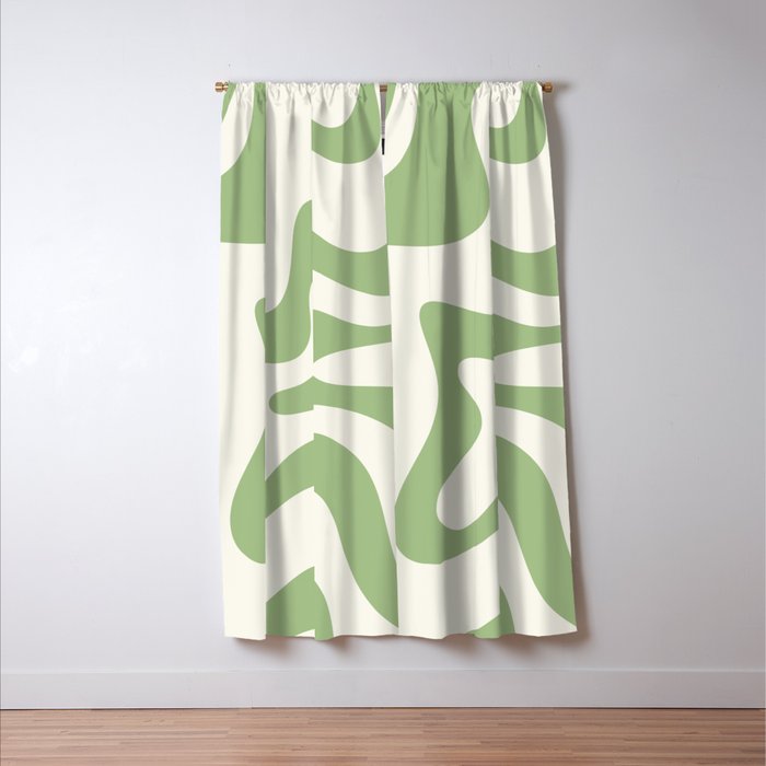 Retro Liquid Swirl Abstract Pattern Square in Light Sage Green and Cream Window Curtain Gallery Image 3