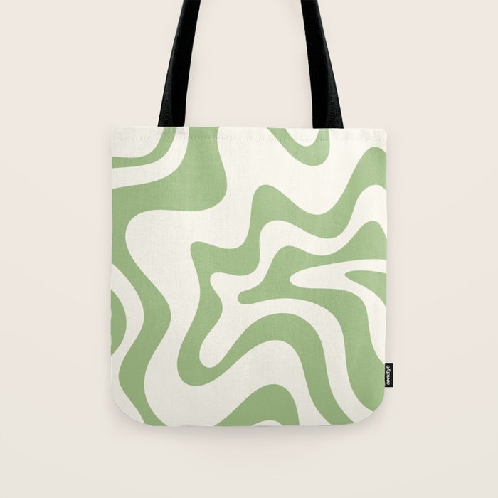 Retro Liquid Swirl Abstract Pattern Square in Light Sage Green and Cream Tote Bag Gallery Image 1