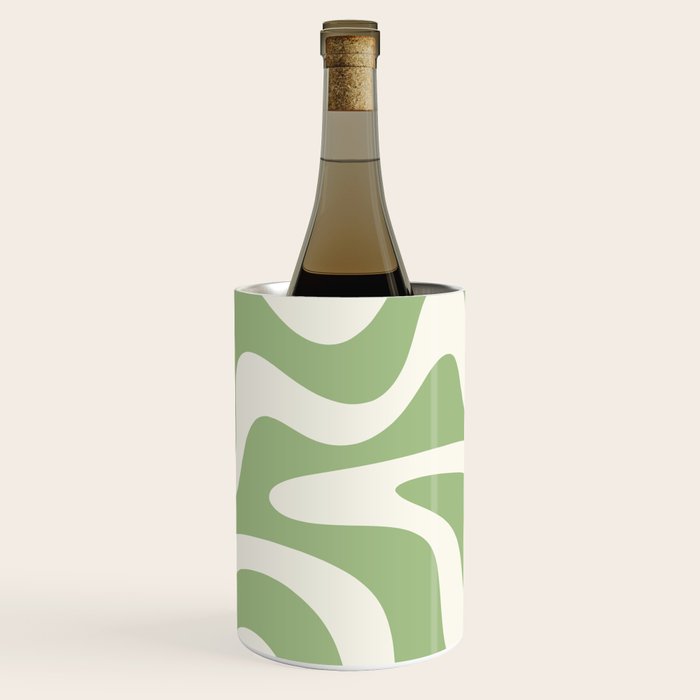Retro Liquid Swirl Abstract Pattern Square in Light Sage Green and Cream Wine Chiller Gallery Image 3