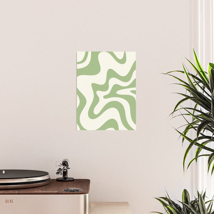 Retro Liquid Swirl Abstract Pattern Square in Light Sage Green and Cream Poster Gallery Image 2