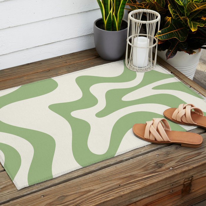 Retro Liquid Swirl Abstract Pattern Square in Light Sage Green and Cream Outdoor Rug Gallery Image 2