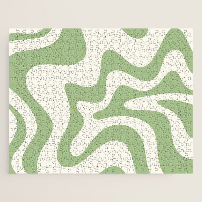 Retro Liquid Swirl Abstract Pattern Square in Light Sage Green and Cream Jigsaw Puzzle Gallery Image 1