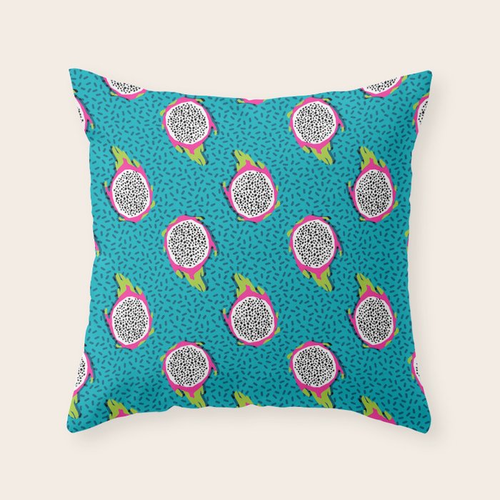 Dragonfruit retro style pattern tropical fruits vegan art print exotic throwback 80s Throw Pillow Gallery Image 6