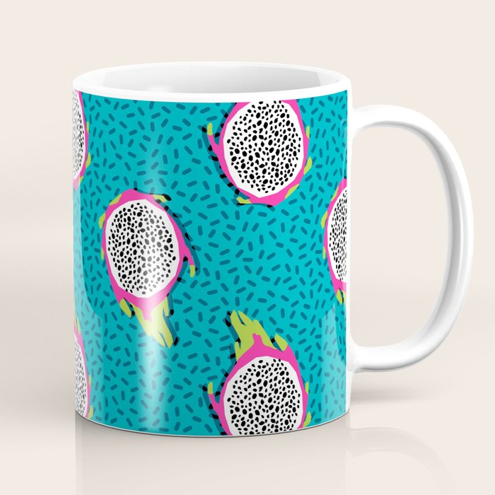 Dragonfruit retro style pattern tropical fruits vegan art print exotic throwback 80s Coffee Mug Gallery Image 1