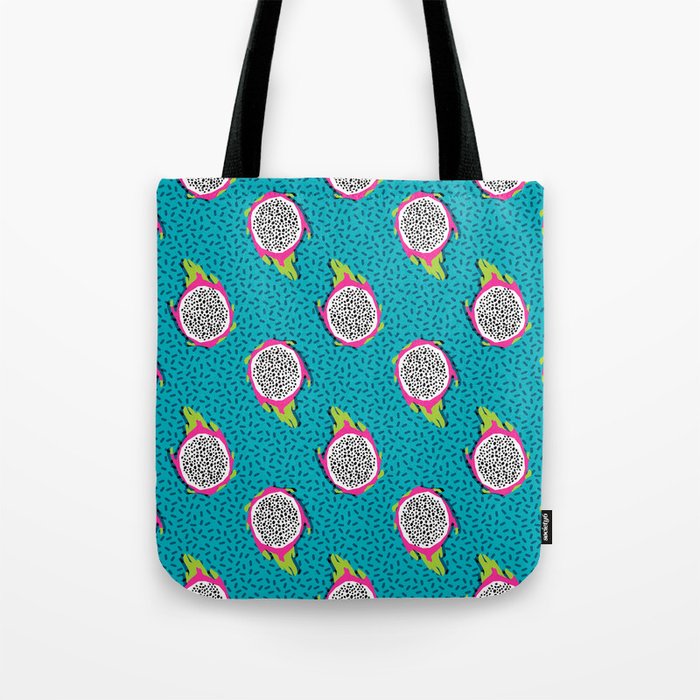 Dragonfruit retro style pattern tropical fruits vegan art print exotic throwback 80s Tote Bag Gallery Image 1