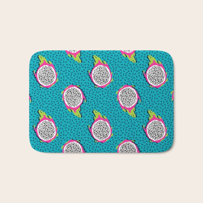 Dragonfruit retro style pattern tropical fruits vegan art print exotic throwback 80s Bath Mat Gallery Image 1