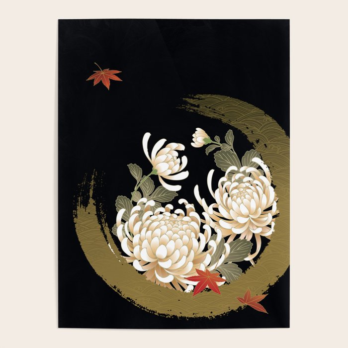 White Peonies Red Maple Leaves Japanese Kimono Pattern Poster Gallery Image 4