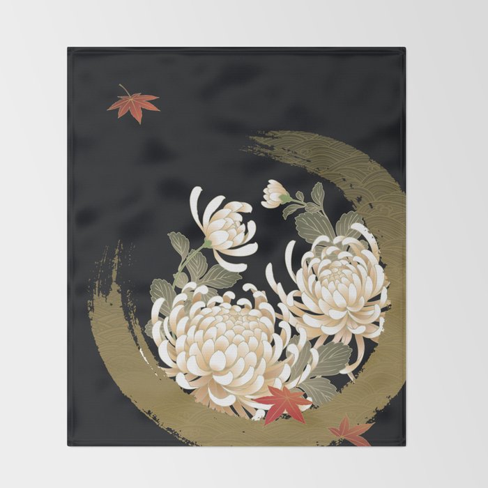 White Peonies Red Maple Leaves Japanese Kimono Pattern Throw Blanket Gallery Image 2