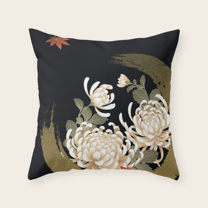 White Peonies Red Maple Leaves Japanese Kimono Pattern Throw Pillow Gallery Image 6