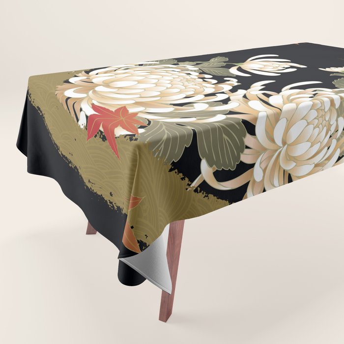 White Peonies Red Maple Leaves Japanese Kimono Pattern Tablecloth Gallery Image 1