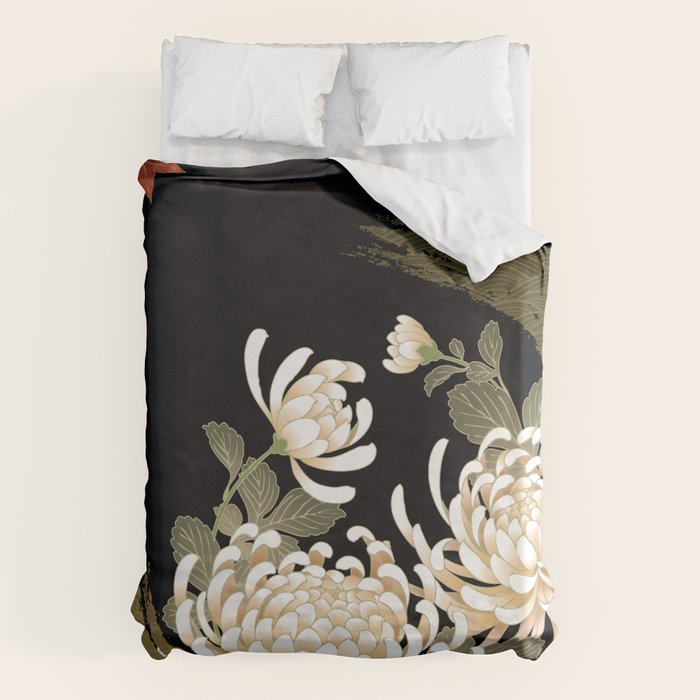White Peonies Red Maple Leaves Japanese Kimono Pattern Duvet Cover Gallery Image 1