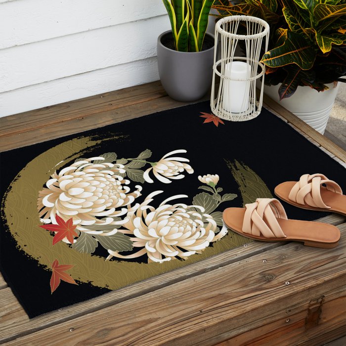 White Peonies Red Maple Leaves Japanese Kimono Pattern Outdoor Rug Gallery Image 2