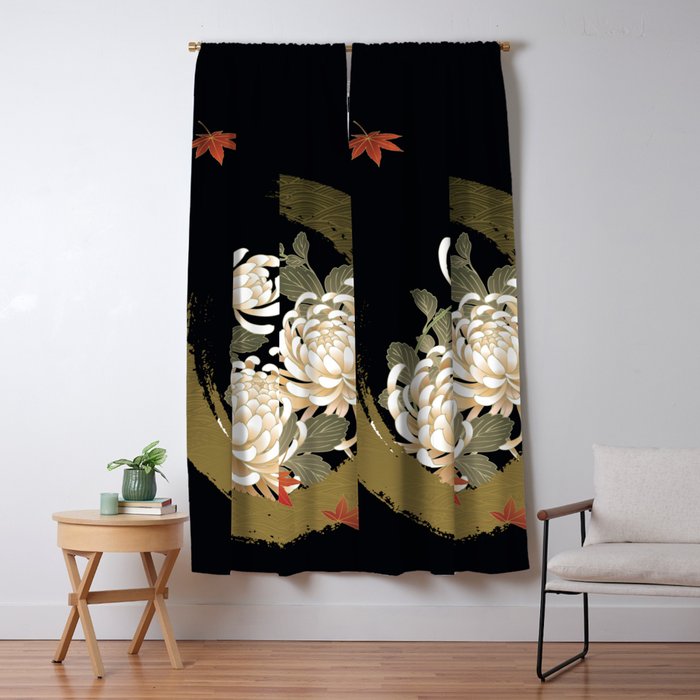 White Peonies Red Maple Leaves Japanese Kimono Pattern Window Curtain Gallery Image 5