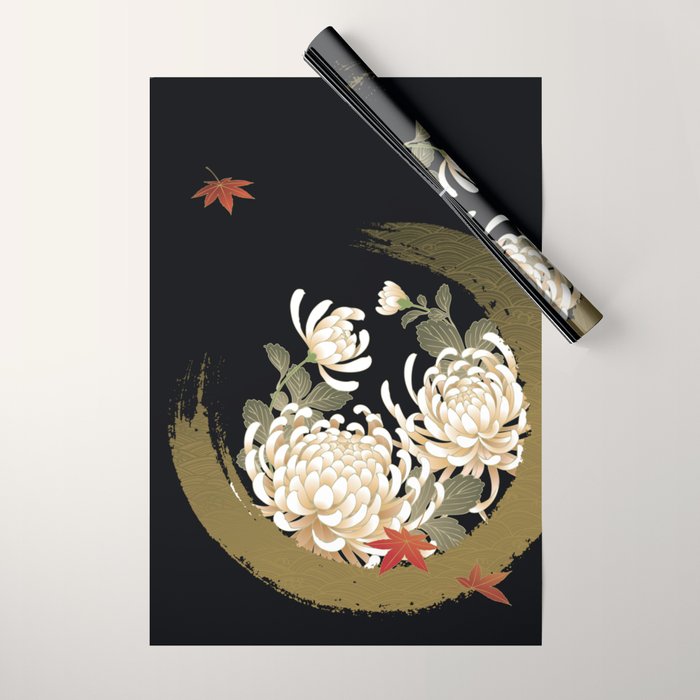 White Peonies Red Maple Leaves Japanese Kimono Pattern Wrapping Paper Gallery Image 1