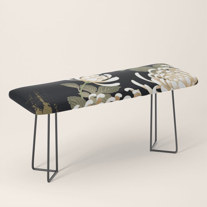 White Peonies Red Maple Leaves Japanese Kimono Pattern Bench Gallery Image 1