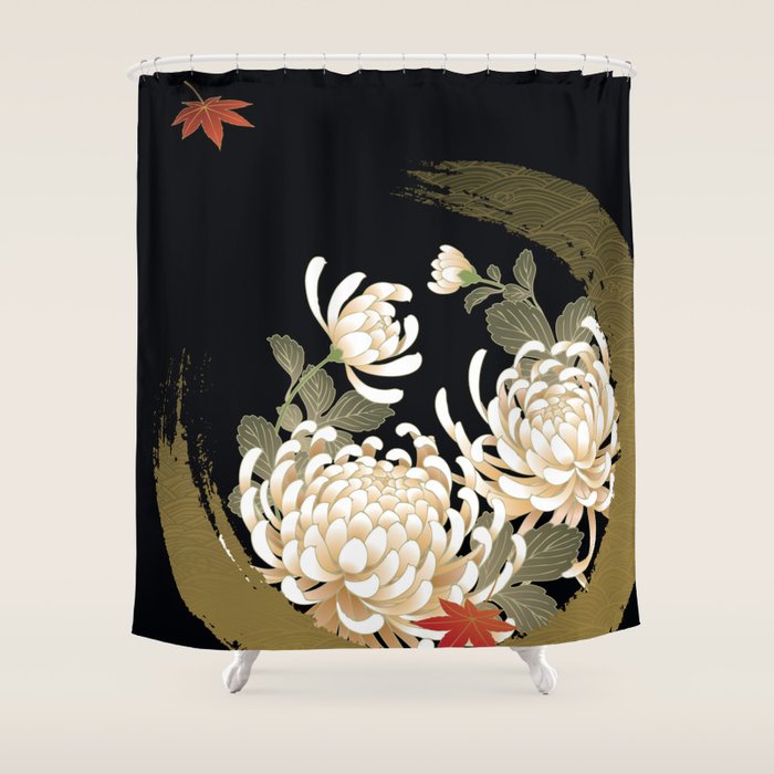 White Peonies Red Maple Leaves Japanese Kimono Pattern Shower Curtain Gallery Image 1