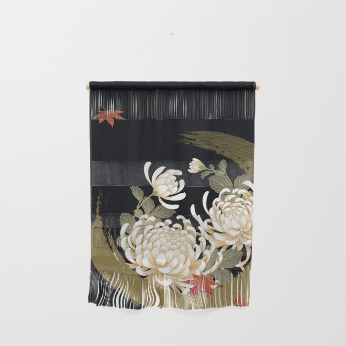 White Peonies Red Maple Leaves Japanese Kimono Pattern Wall Hanging Gallery Image 1