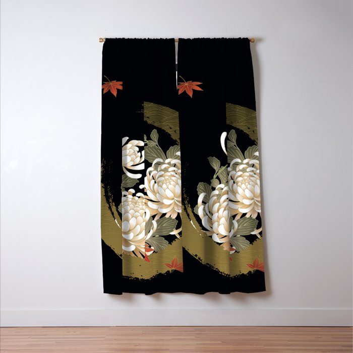 White Peonies Red Maple Leaves Japanese Kimono Pattern Window Curtain Gallery Image 3