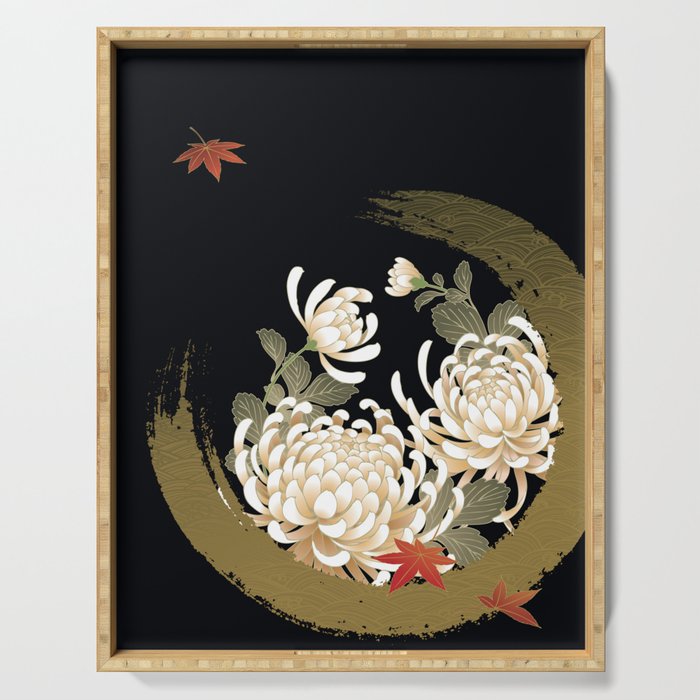 White Peonies Red Maple Leaves Japanese Kimono Pattern Serving Tray Gallery Image 1