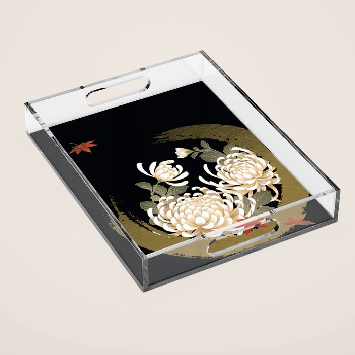 White Peonies Red Maple Leaves Japanese Kimono Pattern Acrylic Tray Gallery Image 1