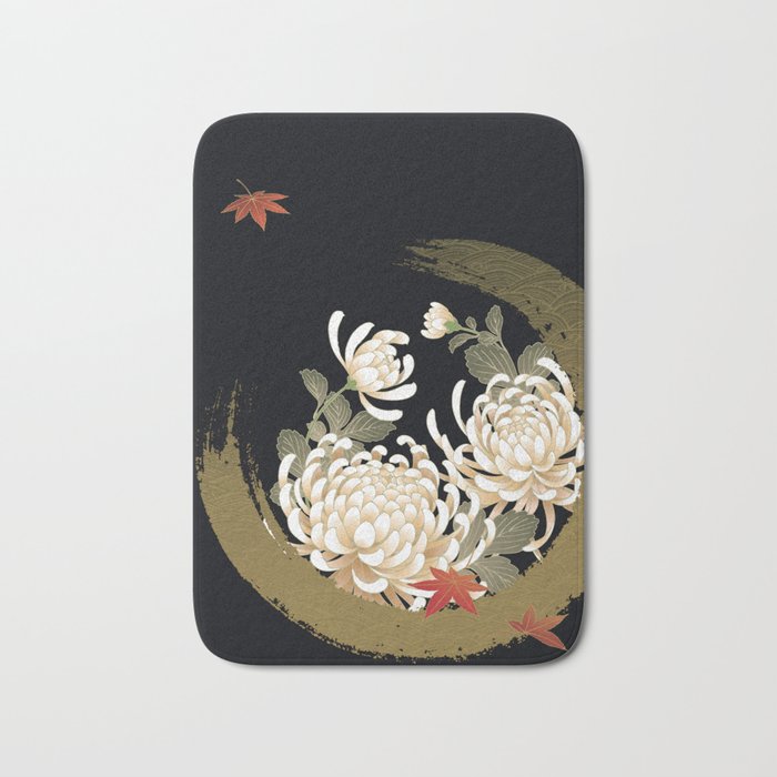 White Peonies Red Maple Leaves Japanese Kimono Pattern Bath Mat Gallery Image 1