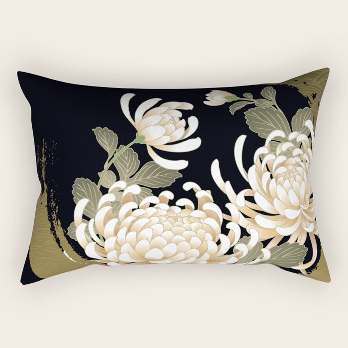 White Peonies Red Maple Leaves Japanese Kimono Pattern Rectangular Pillow Gallery Image 1