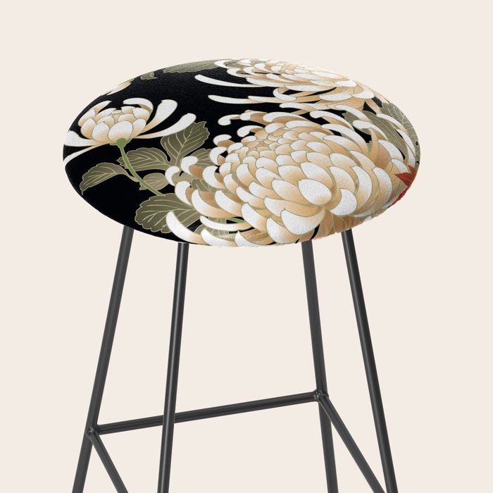 White Peonies Red Maple Leaves Japanese Kimono Pattern Stool Gallery Image 2
