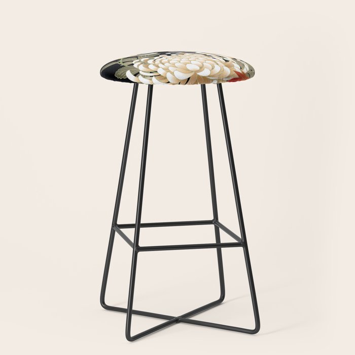 White Peonies Red Maple Leaves Japanese Kimono Pattern Stool Gallery Image 1