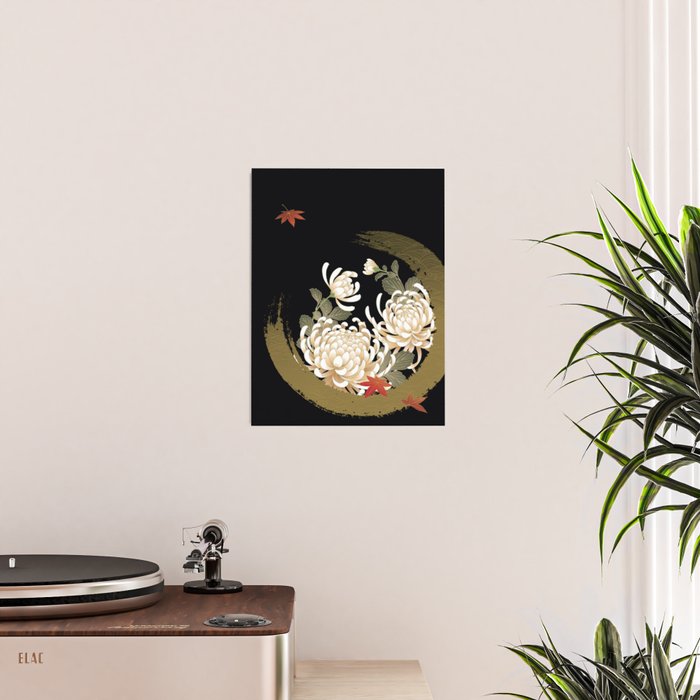 White Peonies Red Maple Leaves Japanese Kimono Pattern Poster Gallery Image 2