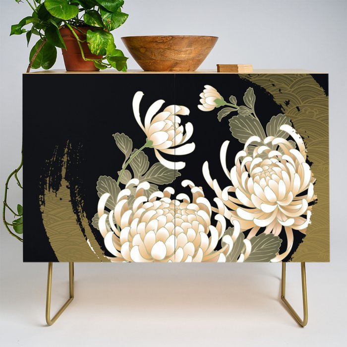 White Peonies Red Maple Leaves Japanese Kimono Pattern Credenza Gallery Image 1