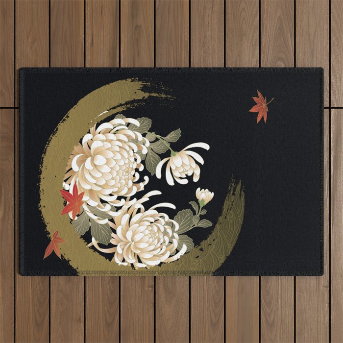 White Peonies Red Maple Leaves Japanese Kimono Pattern Outdoor Rug Gallery Image 1