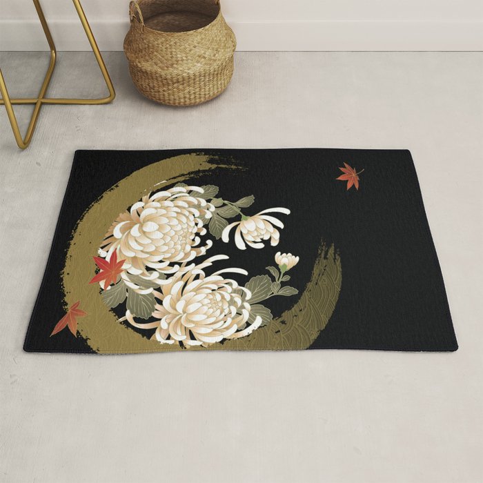 White Peonies Red Maple Leaves Japanese Kimono Pattern Rug Gallery Image 1