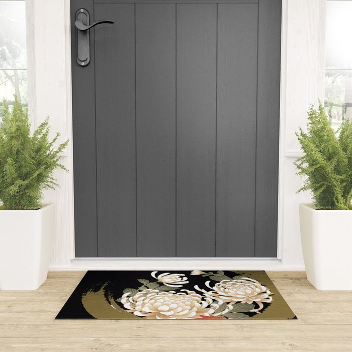 White Peonies Red Maple Leaves Japanese Kimono Pattern Welcome Mat Gallery Image 3