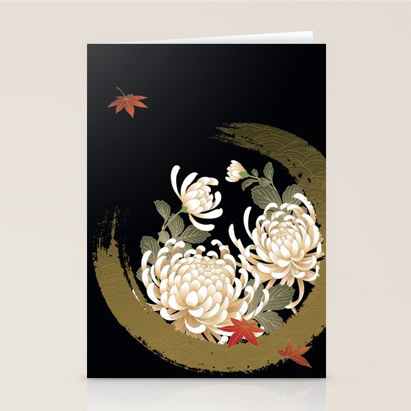 White Peonies Red Maple Leaves Japanese Kimono Pattern Stationery Card Gallery Image 2
