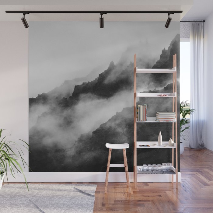 Foggy Mountains Black and White Wall Mural Gallery Image 1