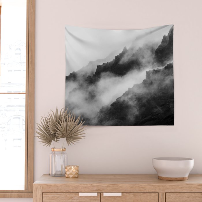 Foggy Mountains Black and White Wall Tapestry Gallery Image 2