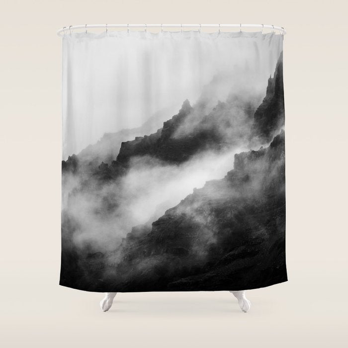 Foggy Mountains Black and White Shower Curtain Gallery Image 1