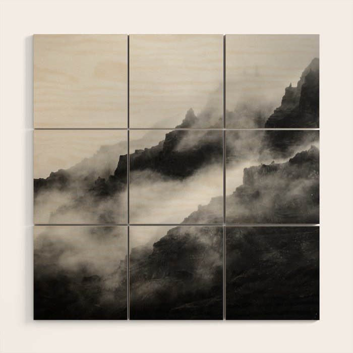 Foggy Mountains Black and White Wood Wall Art Gallery Image 1