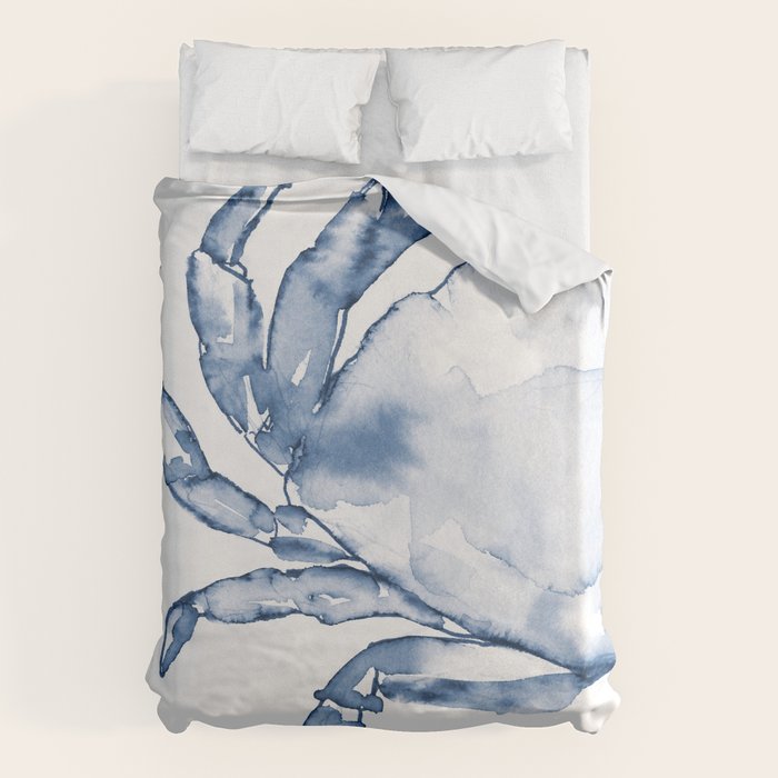 Coastal Crab in Watercolor, Navy Blue (Left Half in Set) Duvet Cover Gallery Image 1