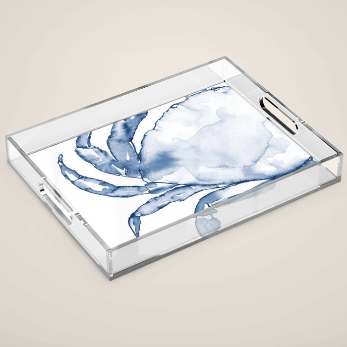 Coastal Crab in Watercolor, Navy Blue (Left Half in Set) Acrylic Tray