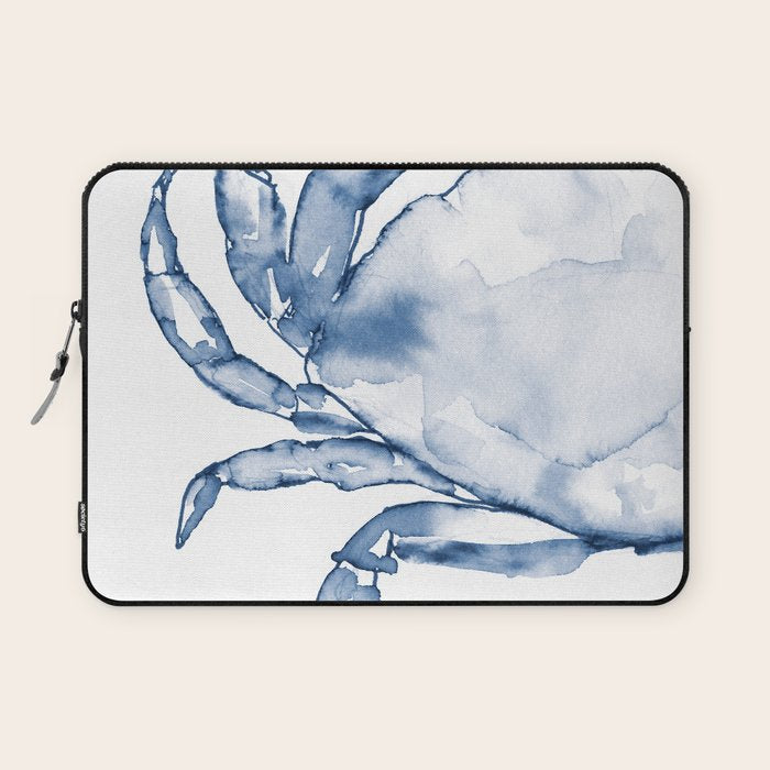 Coastal Crab in Watercolor, Navy Blue (Left Half in Set) Laptop Sleeve Gallery Image 1