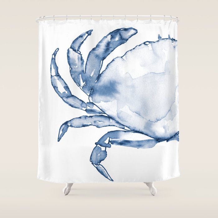 Coastal Crab in Watercolor, Navy Blue (Left Half in Set) Shower Curtain Gallery Image 1