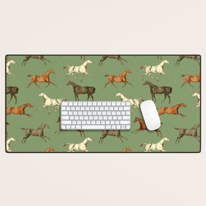 Wild Horses  Sage Green Toile Pattern  Desk Mat