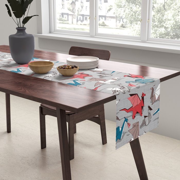 Origami dragon friends // linen texture background blue red grey and taupe fantastic creatures Table Runner Gallery Image 2