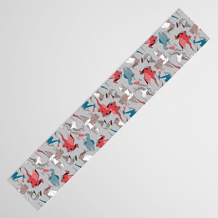 Origami dragon friends // linen texture background blue red grey and taupe fantastic creatures Table Runner Gallery Image 3
