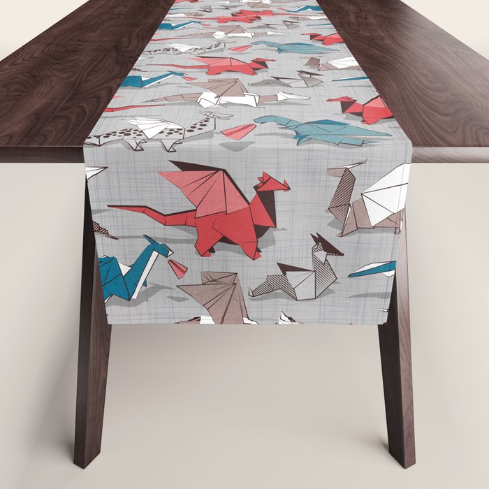 Origami dragon friends // linen texture background blue red grey and taupe fantastic creatures Table Runner Gallery Image 1