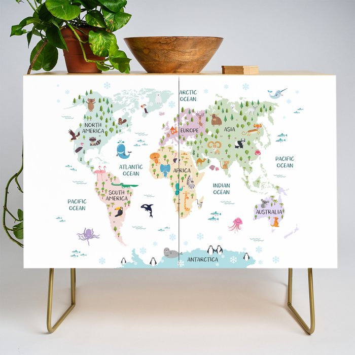 Nursery Animal World Map in Pastels Credenza Gallery Image 1