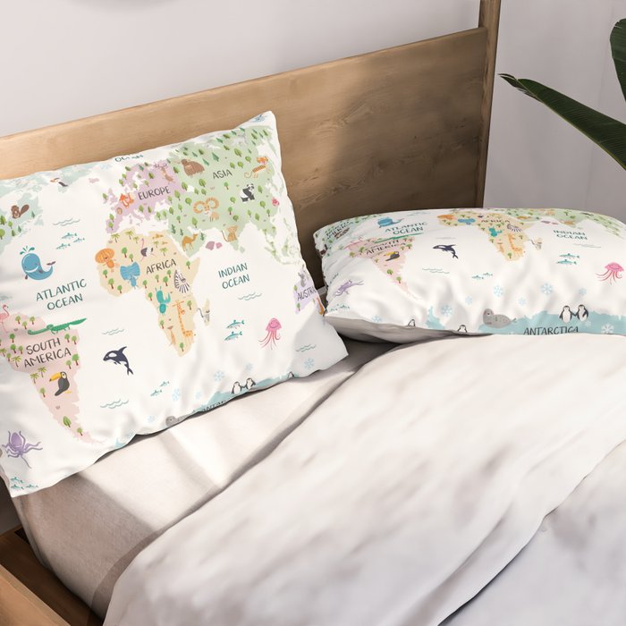 Nursery Animal World Map in Pastels Pillow Sham Gallery Image 2